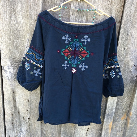 Johnny Was 3J Workshop Embroidered Bohemian Peasant Blouse Size Medium Blue - Picture 3 of 14